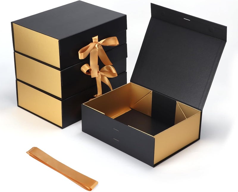 Ditwis 4 Pack 12x9x4 Inches Gift Boxes with Magnetic Closure Lids, Black-Gold Magnetic Box with Ribbon for Wedding, Groomsmen Bridesmaid Proposal, Birthdays, Mother's Day - Image 1